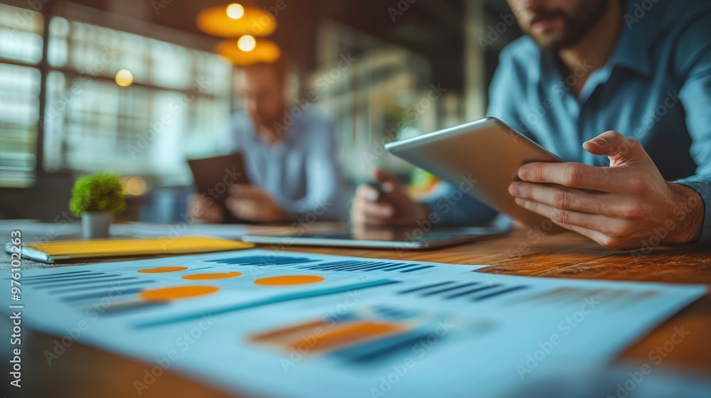 A business team analyzing a strategic plan on a digital tablet in a modern workspace. A business team analyzing a strategic plan on a digital tablet in a modern workspace.