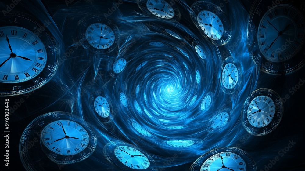 © TiA - Blue swirling time vortex with multiple clocks and abstract background © TiA - Blue swirling time vortex with multiple clocks and abstract background