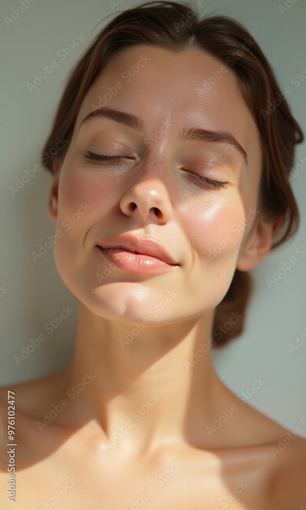 serene young woman, glowing skin, closed eyes, soft light, minimalistic background serene young woman, glowing skin, closed eyes, soft light, minimalistic background