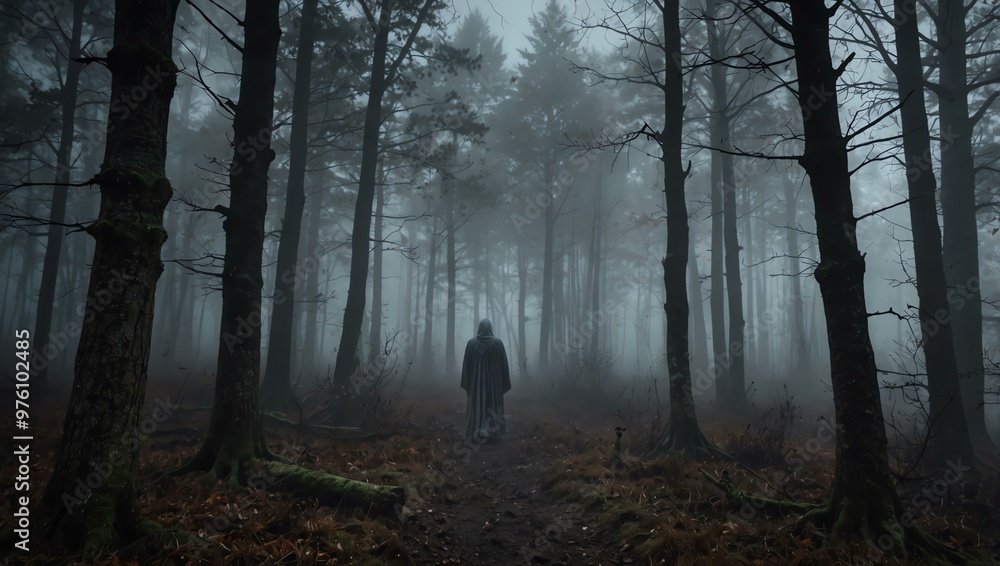 Ghostly figure in a spooky forest with eerie fog Ghostly figure in a spooky forest with eerie fog