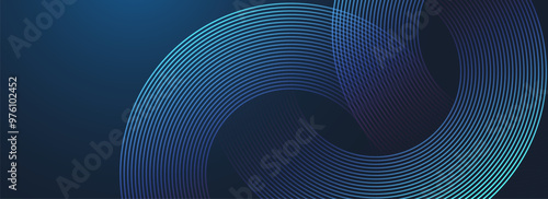 Abstract circle lines on dark blue background. Geometric stripe line art design for poster, brochure, cover, website, header, web banner, presentation