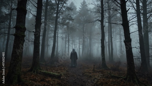 Ghostly figure in a spooky forest with eerie fog