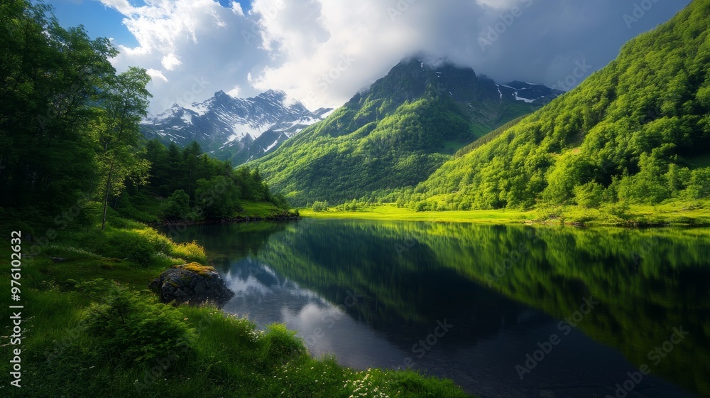 Serene Mountain Lake Reflection: A tranquil mountain lake with crystal clear water reflecting the lush green mountainside and cloudy sky. This serene scene is a symbol of nature's beauty, tranquility, Serene Mountain Lake Reflection: A tranquil mountain lake with crystal clear water reflecting the lush green mountainside and cloudy sky. This serene scene is a symbol of nature's beauty, tranquility,