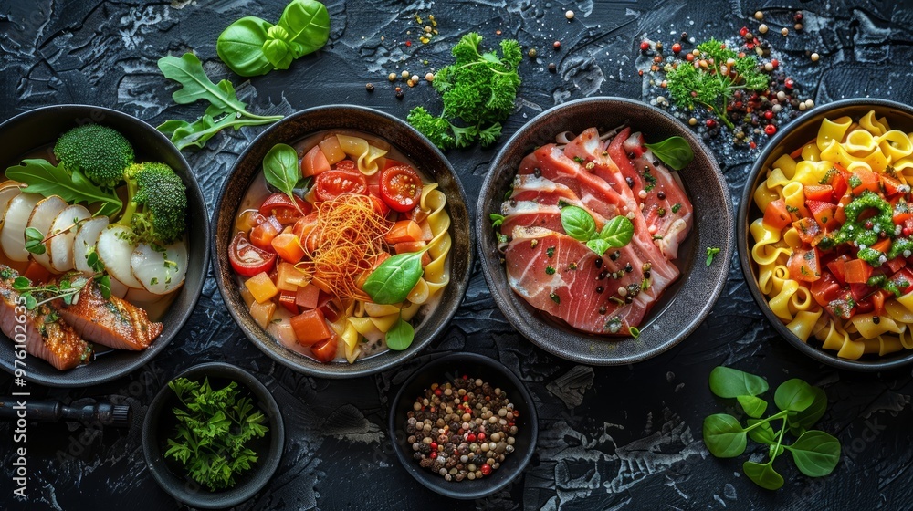 Background of food and dishes of European cuisine. on a dark stone background. Photo collage, banner from photos Background of food and dishes of European cuisine. on a dark stone background. Photo collage, banner from photos