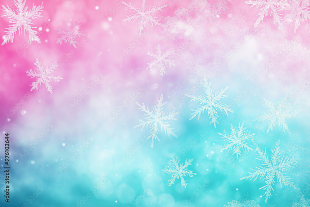 Delicate white snowflakes falling on a pink and teal gradient background, creating a peaceful winter scene Delicate white snowflakes falling on a pink and teal gradient background, creating a peaceful winter scene