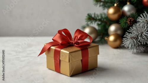 Gift boxes tied with satin ribbons surrounded by Christmas decorations, presented on a white background with space for text.