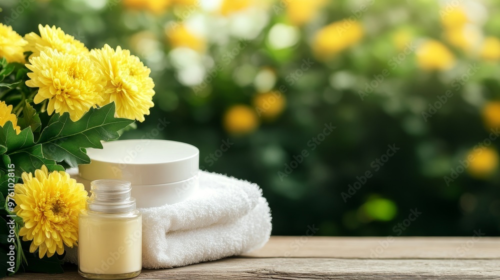 Serene Spa Composition with a Yellow Chrysanthemum, symbolizing relaxation, beauty, purity, nature, and tranquility. Serene Spa Composition with a Yellow Chrysanthemum, symbolizing relaxation, beauty, purity, nature, and tranquility.