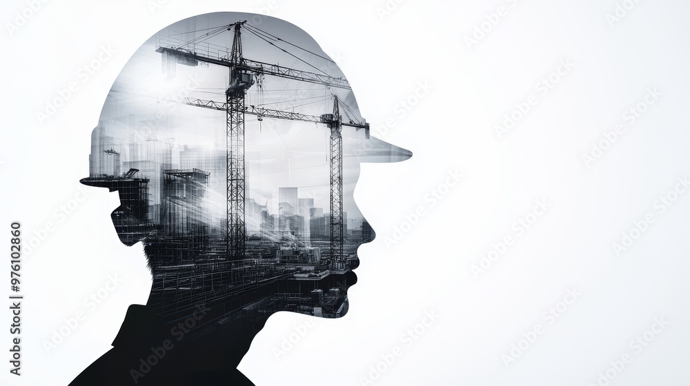 Silhouette of a construction worker with a double exposure of urban development and cranes, symbolizing innovation and progress. Silhouette of a construction worker with a double exposure of urban development and cranes, symbolizing innovation and progress.