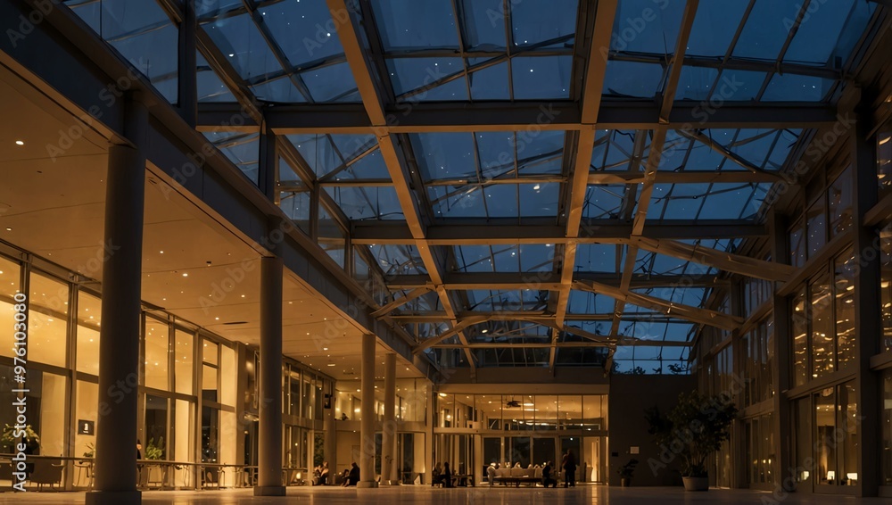 Glass atrium glowing at twilight with warm lighting. Glass atrium glowing at twilight with warm lighting.