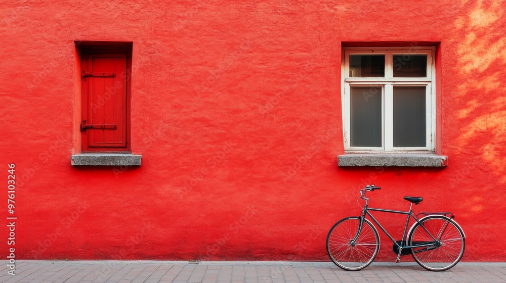 house wall in red and bicyclette in front of him house wall in red and bicyclette in front of him