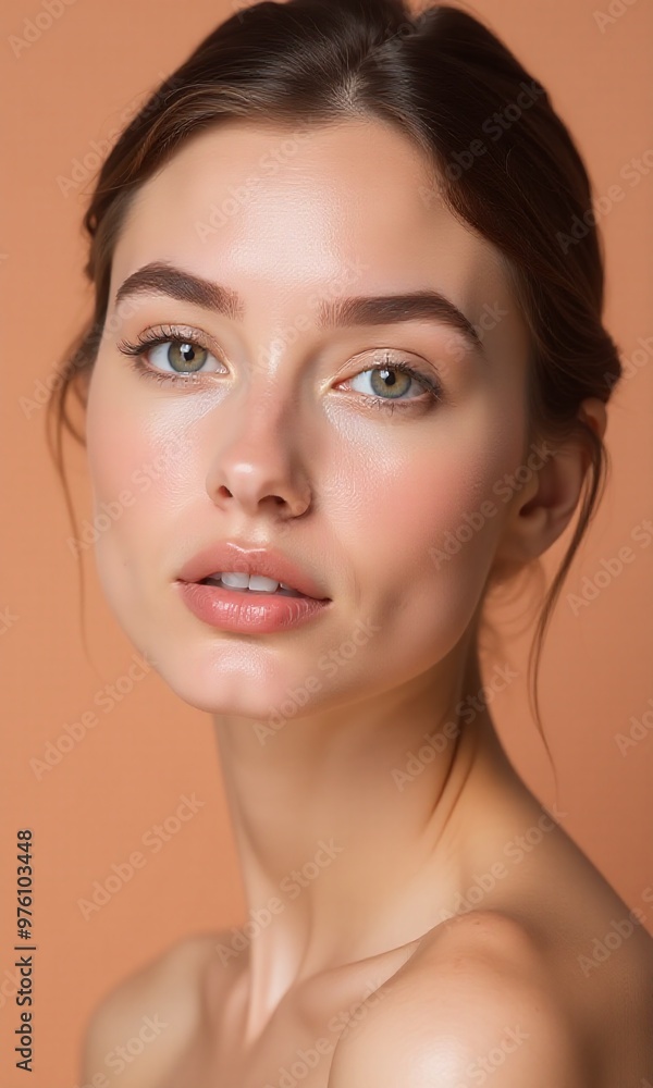 studio portrait of a young woman, smooth glowing skin, natural makeup, soft lighting, peach background studio portrait of a young woman, smooth glowing skin, natural makeup, soft lighting, peach background