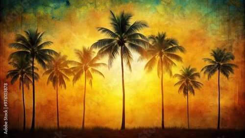 Grunge palm trees silhouettes on a tropical backdrop, perfect for a retro-themed design project