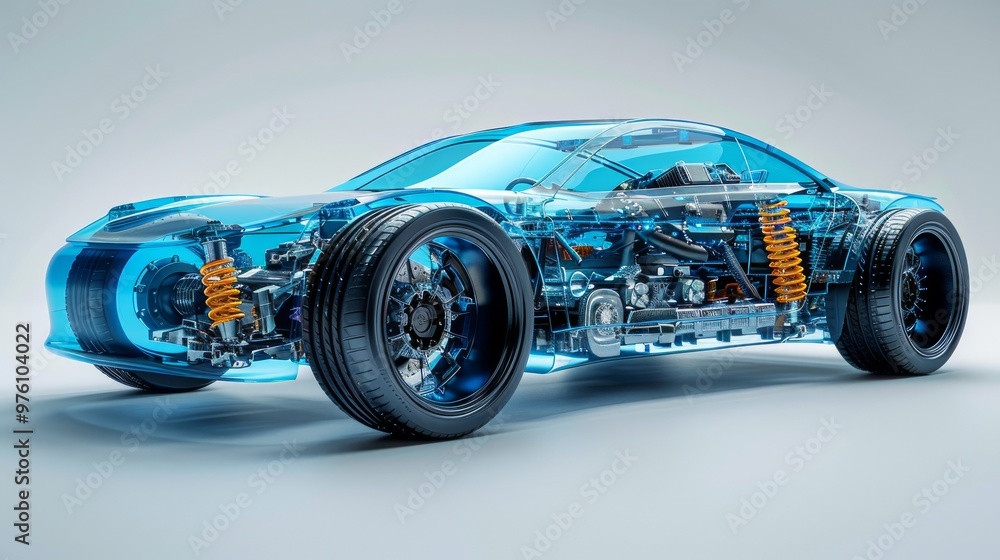 Blue transparent car with an internal structure of the electric vehicle, featuring visible wheels and engine components. Blue transparent car with an internal structure of the electric vehicle, featuring visible wheels and engine components.