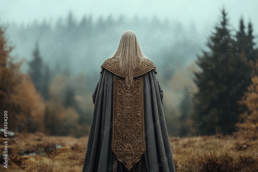 Guardian of the Ancient Forest: A lone figure with flowing silver hair, adorned in an ornate cloak, stands watch over a misty woodland realm, evoking an air of mystery and ancient wisdom. Guardian of the Ancient Forest: A lone figure with flowing silver hair, adorned in an ornate cloak, stands watch over a misty woodland realm, evoking an air of mystery and ancient wisdom.