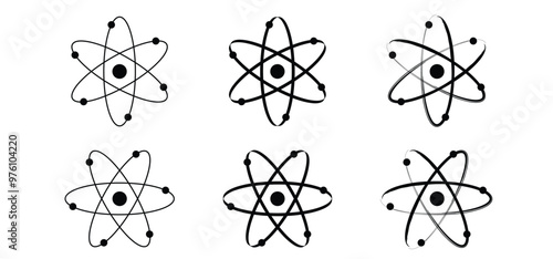 Atom molecule icon. Science symbol. Nuclear energy, scientific research and molecular chemistry. Atomic structure, formula -  electron, proton, neutron, elementary particle the nucleus of an atom. 