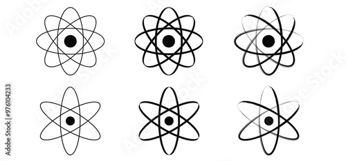 Atom molecule icon. Science symbol. Nuclear energy, scientific research and molecular chemistry. Atomic structure, formula -  electron, proton, neutron, elementary particle the nucleus of an atom. 