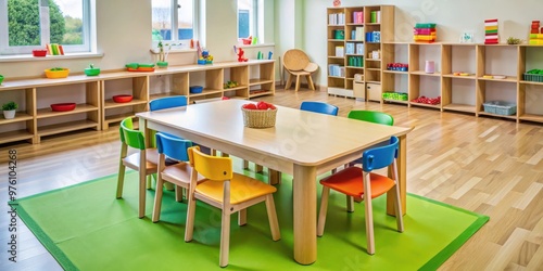 Wallpaper Mural Empty table in a playful preschool setting, ideal for interactive learning activities Torontodigital.ca