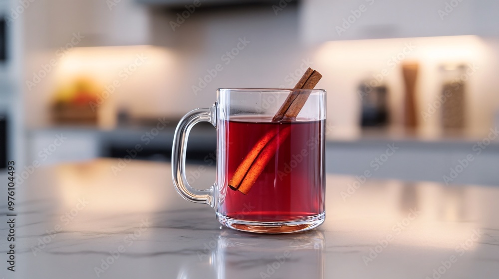 A clear mug of mulled wine, garnished with a cinnamon stick, sitting on a modern kitchen island, with sleek, minimalistic background decor A clear mug of mulled wine, garnished with a cinnamon stick, sitting on a modern kitchen island, with sleek, minimalistic background decor