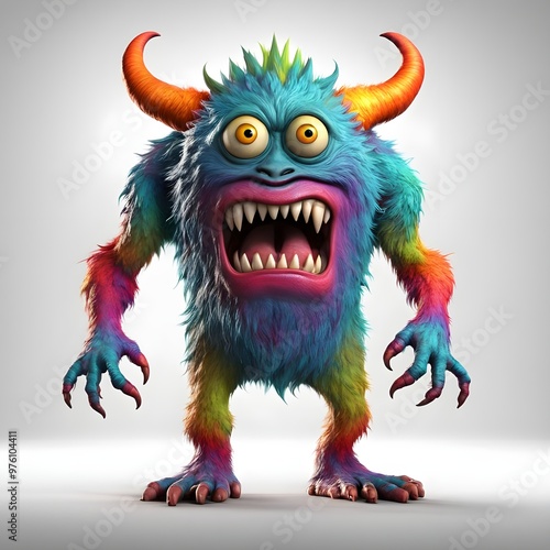 3D monster character with bold colors on white background under studio lights.