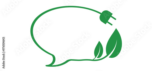 Electric Car Charging or vehicle Chargers. Green E, car charging plug for Hybrid Eco cars. Cartoon green bio or eco power icon or symbol with car. Car plug. Empty speech bubble talk expression.