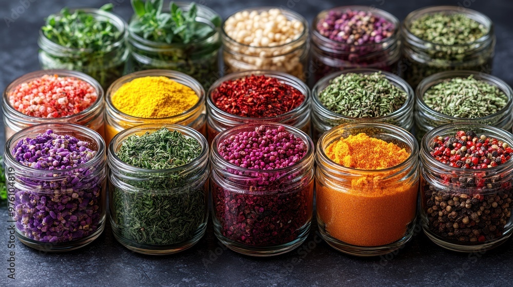 A colorful array of spices in glass jars for culinary use. A colorful array of spices in glass jars for culinary use.