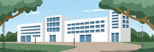 Residence building. Store area. District building. Central business district. Apartment building. Real estate marketing. Yard illustration. Green concept. Government office. Town hall. City hall.