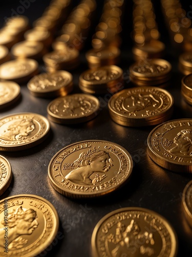 Gold coins arranged in three groups, reflecting light