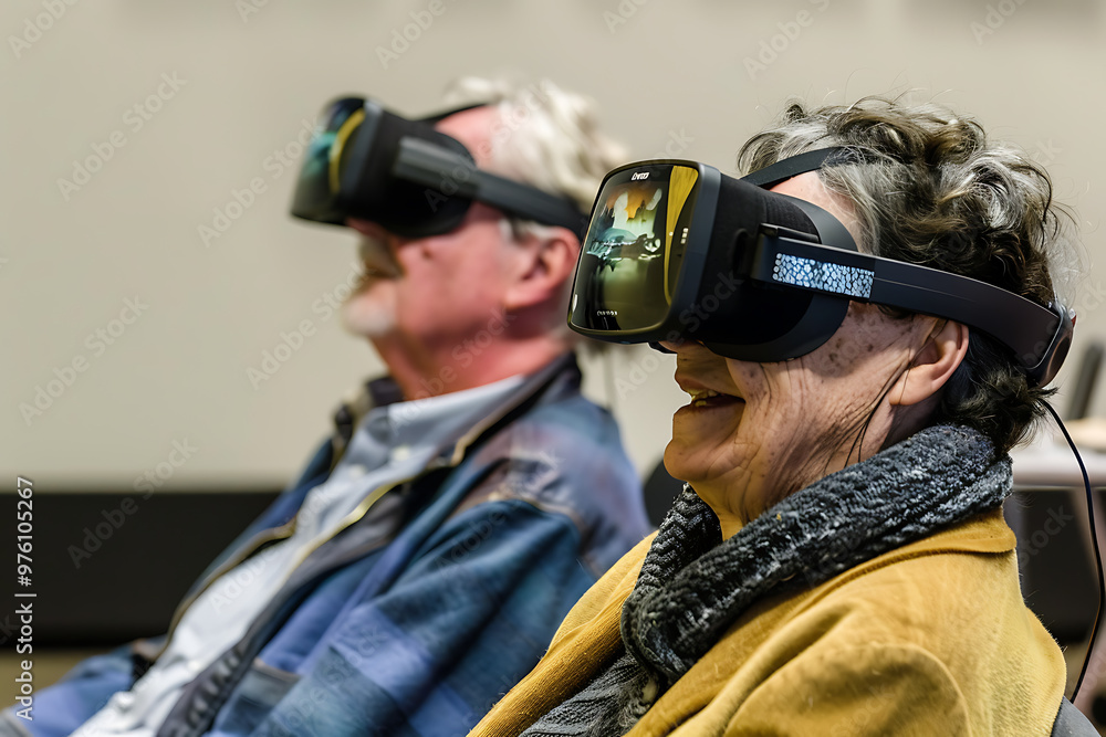 Senior Couple immersed in Virtual Reality Workshop, Traveling and Exploring Adventures Together Senior Couple immersed in Virtual Reality Workshop, Traveling and Exploring Adventures Together