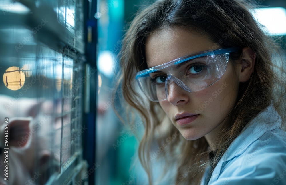Female scientist wearing protective glasses and a white coat, caring for pigs on a farm Female scientist wearing protective glasses and a white coat, caring for pigs on a farm