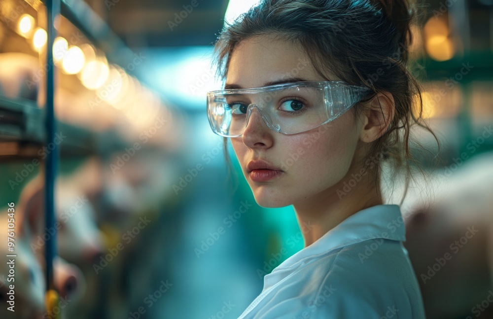 Female scientist wearing protective glasses and a white coat, caring for pigs on a farm Female scientist wearing protective glasses and a white coat, caring for pigs on a farm