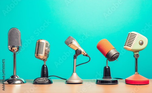 A row of vintage microphones displayed against a pastel background, symbolizing communication and media history. photo