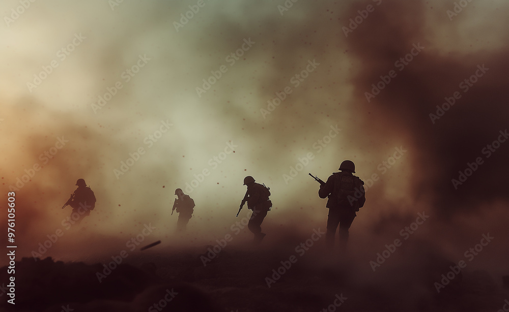 Fototapeta premium Soldiers advance through a cloud of dust in a battlefield, silhouetted against an intense, hazy background.