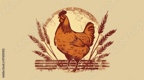 A rustic farm logo with a chicken and wheat stalks. photo