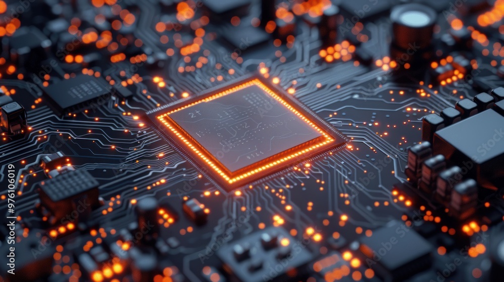 A close-up image of a microchip on a circuit board, glowing with intricate digital patterns and data streams. A close-up image of a microchip on a circuit board, glowing with intricate digital patterns and data streams.