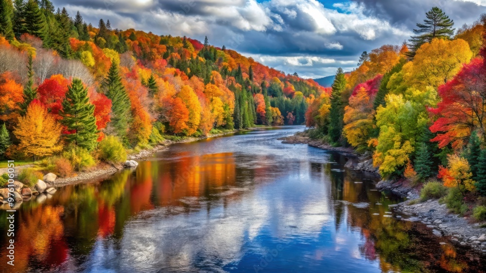 Scenic view of the high banks of the Ausable River in vibrant autumn colors Scenic view of the high banks of the Ausable River in vibrant autumn colors