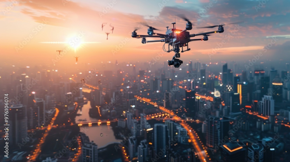 A dynamic image of AI-powered drones flying over a modern cityscape, with their sleek metallic designs glinting in the sunlight. A dynamic image of AI-powered drones flying over a modern cityscape, with their sleek metallic designs glinting in the sunlight.