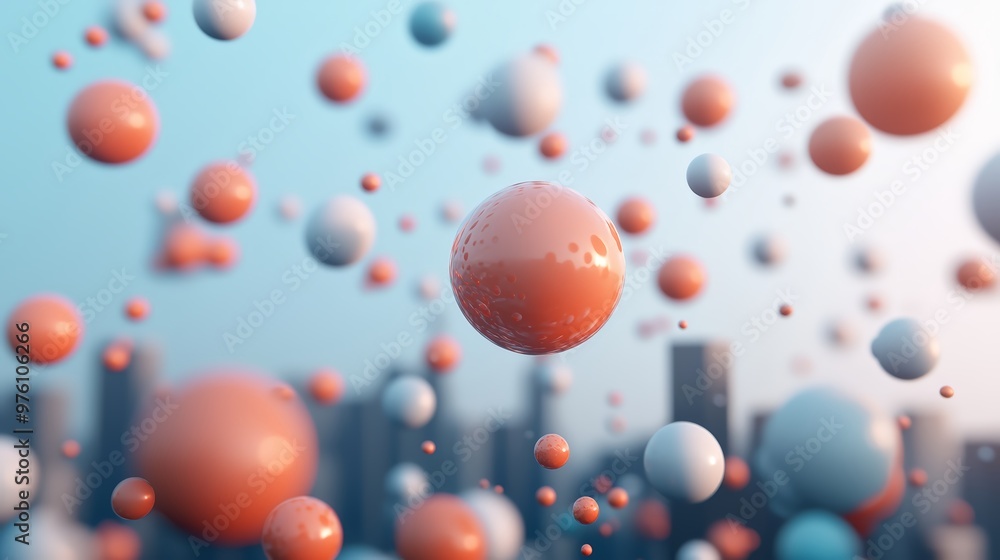 Carbon molecules floating in atmosphere, cityscape below Carbon molecules floating in atmosphere, cityscape below