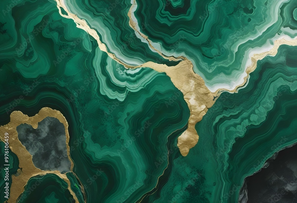 Obraz premium Textured malachite slab displaying swirling patterns of green and black, placed on a wooden surface to provide contrast and warmth to the image., navy blue, white and bold yellow color scheme, golden 