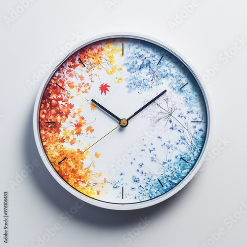 Seasonal wall clock design featuring vibrant autumn leaves and delicate winter snowflakes, symbolizing seasonal transitions