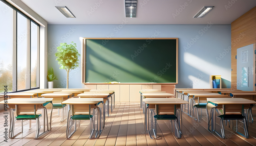 Fototapeta premium Modern Classroom Interior with Empty Desks and Blackboard. 3D Rendering