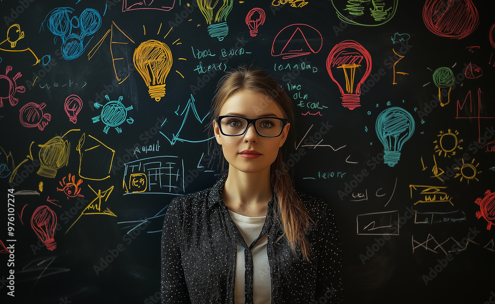 A young woman wearing glasses stands confidently in front of a chalkboard filled with colorful drawings and ideas. 