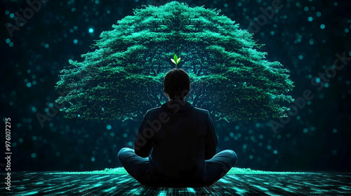 A person planting a seed in a digital garden with a vision of a large tree in the background symbolizing the growth of mindset and long-term vision photo