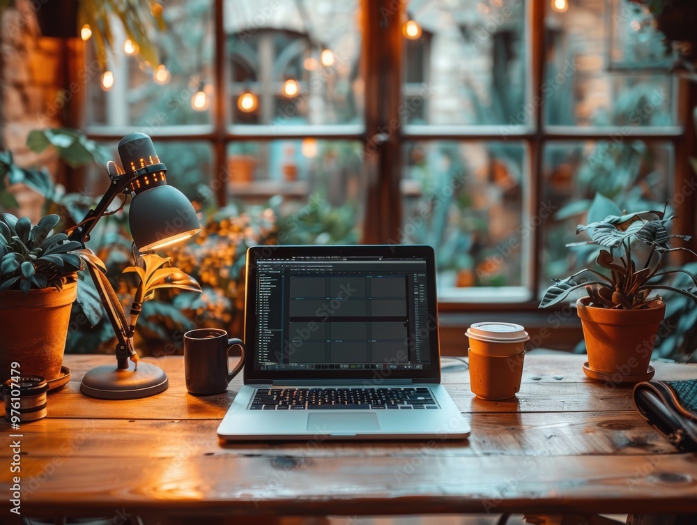 Photo of an open laptop with a podcast recording microphone on the desk, macro shot, studio lighting. Photo of an open laptop with a podcast recording microphone on the desk, macro shot, studio lighting.