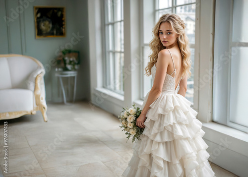 A young elegant blonde woman in a bridal gown