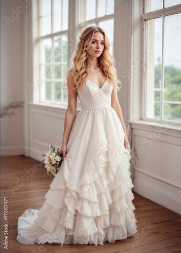 A young elegant blonde woman in a bridal gown