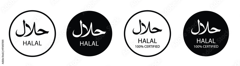 halal badge, round stamp and vector logo. 100% Halal Certified Stamp halal badge, round stamp and vector logo. 100% Halal Certified Stamp