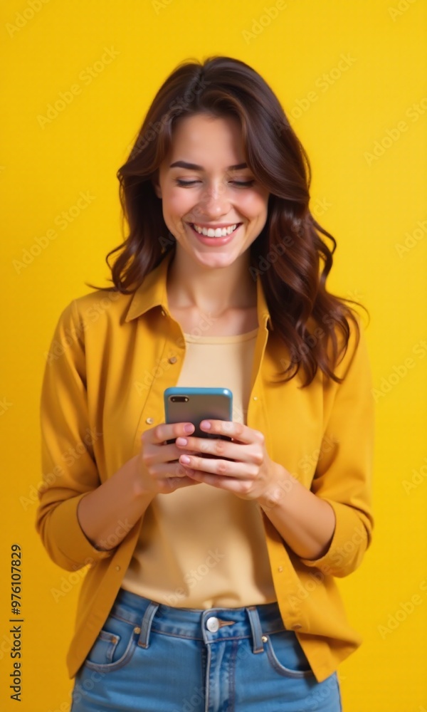 Portrait of a woman Using Smartphone While Standing on Pastel Color Background Portrait of a woman Using Smartphone While Standing on Pastel Color Background