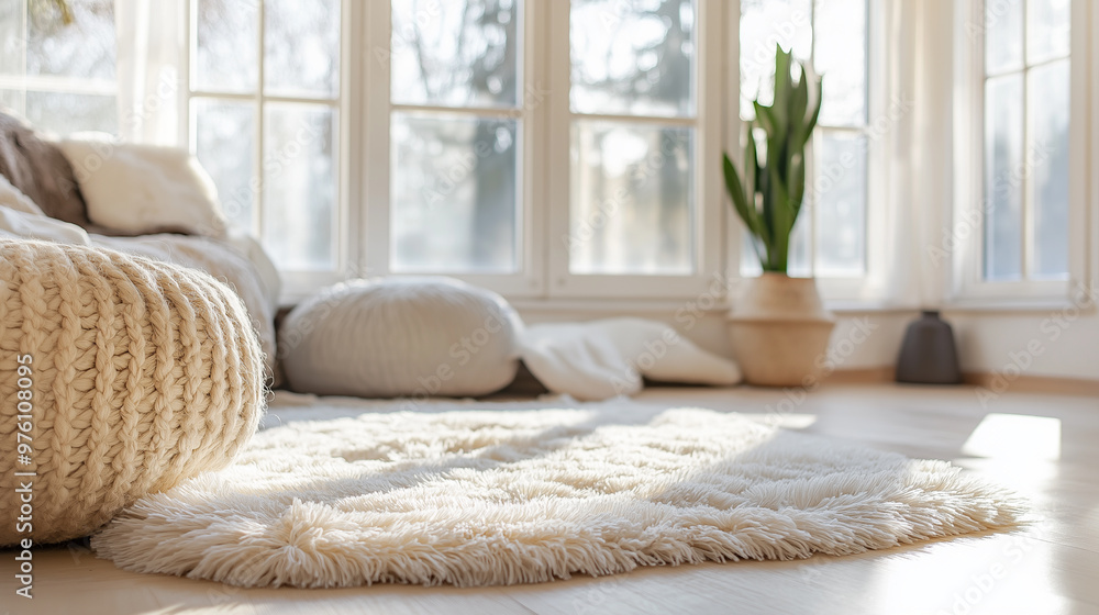 A cozy white rug is illuminated by warm natural light in a comfortable living room setting. A cozy white rug is illuminated by warm natural light in a comfortable living room setting.