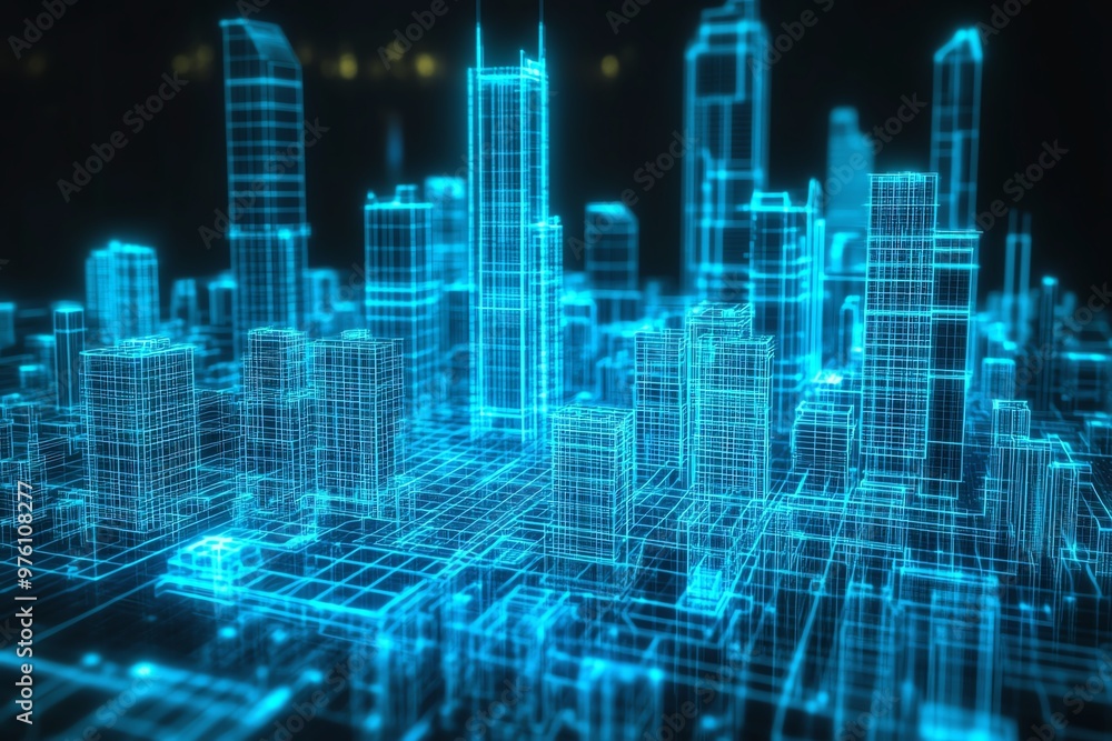 A futuristic city skyline rendered in glowing blue wireframe, showcasing advanced technology and digital architecture. A futuristic city skyline rendered in glowing blue wireframe, showcasing advanced technology and digital architecture.
