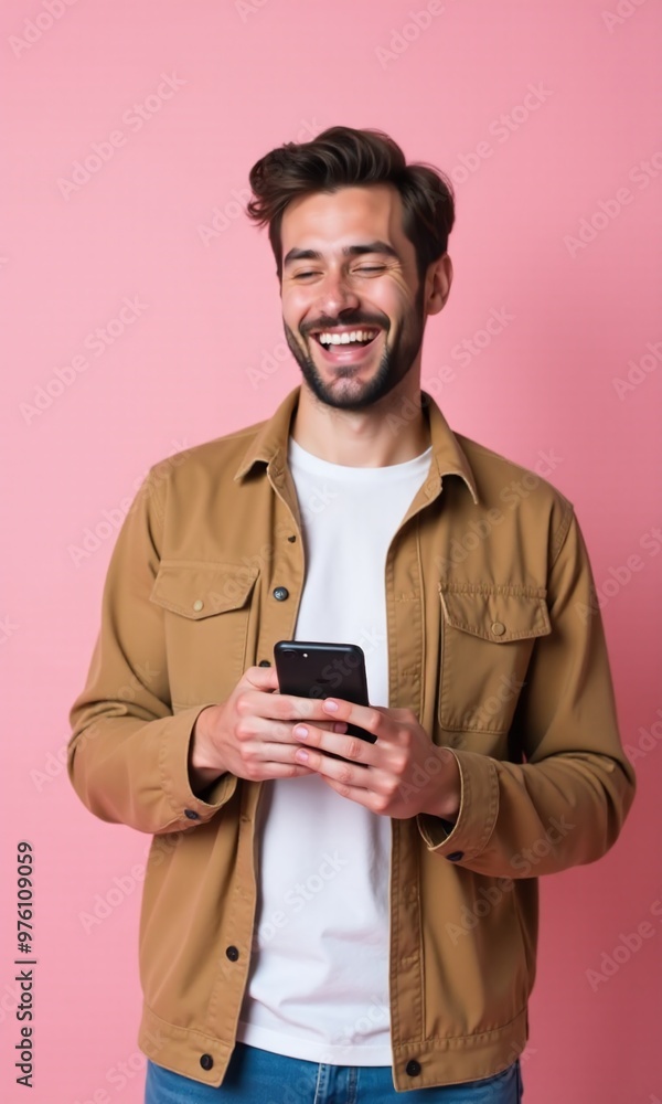 Portrait of a man Using Smartphone While Standing on Pastel Color Background Portrait of a man Using Smartphone While Standing on Pastel Color Background